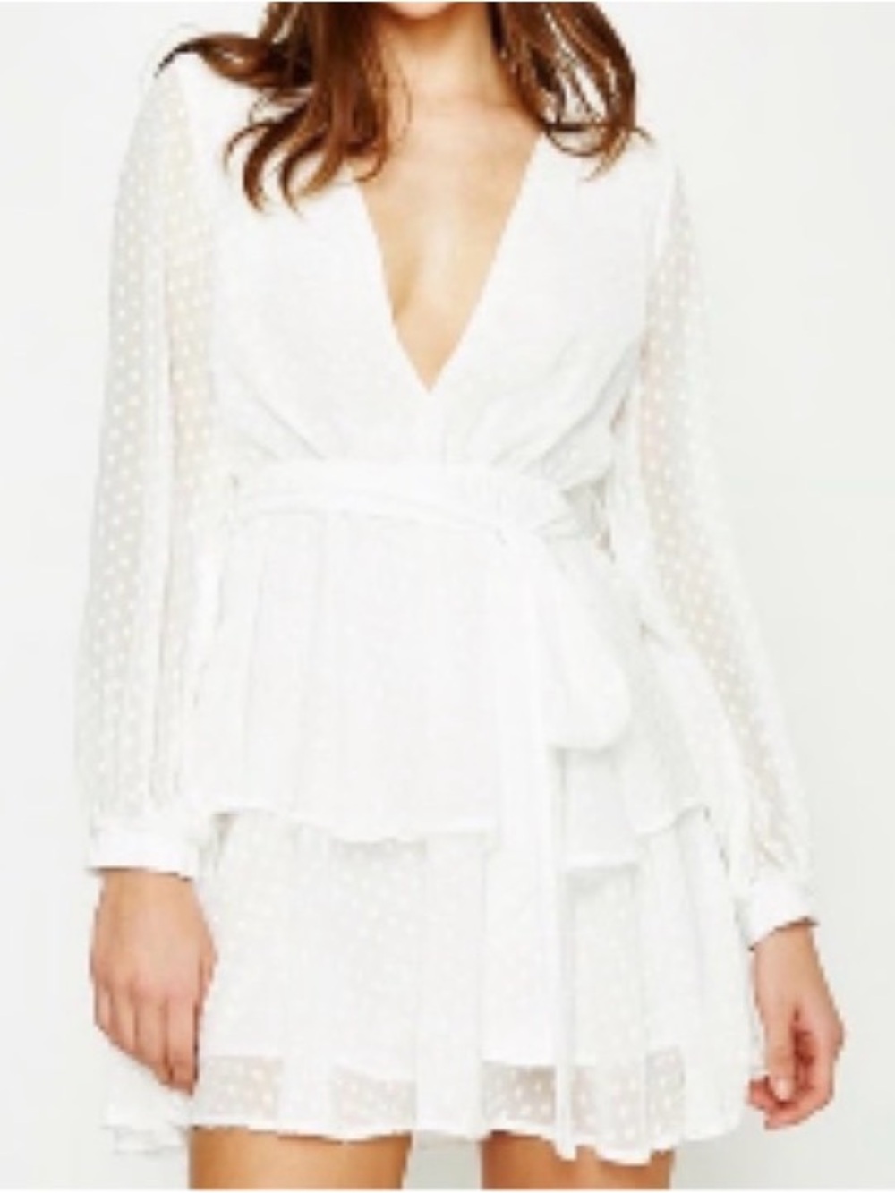 Lioness White Sheer Polka Dot Wrap Dress with Waist Tie